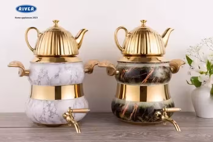 کتری قوری استیل شیر دار کمر باریک ماربل ریور کد 2158