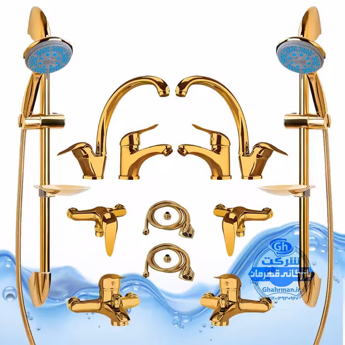 ست 12 عددی شیرآلات برند آیدا صنعت مدل قهرمان اردکی | دو عدد شیر ظرفشویی   دو عدد شیر روشویی   دو عدد شیر حمام   دو عدد شیر توالت   دو عدد علم دوش یونیکا طلایی   دو عدد شلنگ توالت | طلایی براق