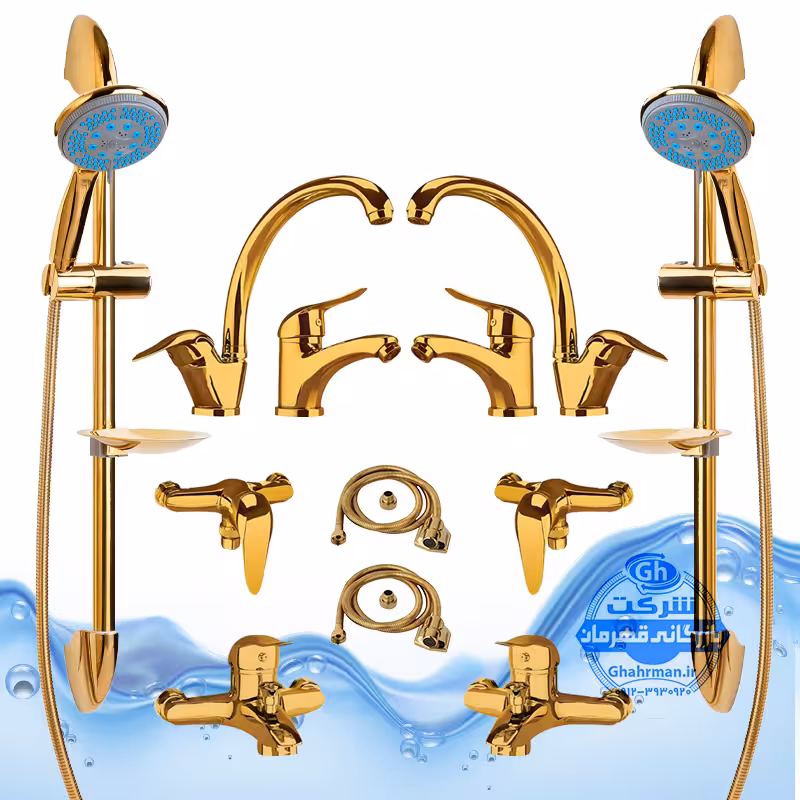 ست 12 عددی شیرآلات برند آیدا صنعت مدل قهرمان اردکی | دو عدد شیر ظرفشویی   دو عدد شیر روشویی   دو عدد شیر حمام   دو عدد شیر توالت   دو عدد علم دوش یونیکا طلایی   دو عدد شلنگ توالت | طلایی براق