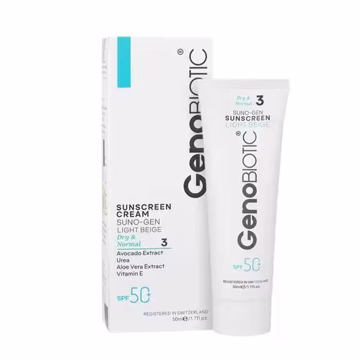 ضد آفتاب کرم پودری SPF50 پوست خشک ژنوبایوتیک (بژ روشن)
