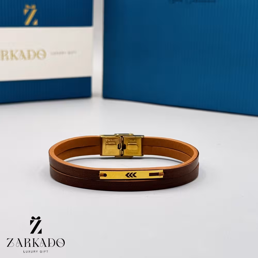 دستبند چرم و پلاک لیزر طلا طرح فلش