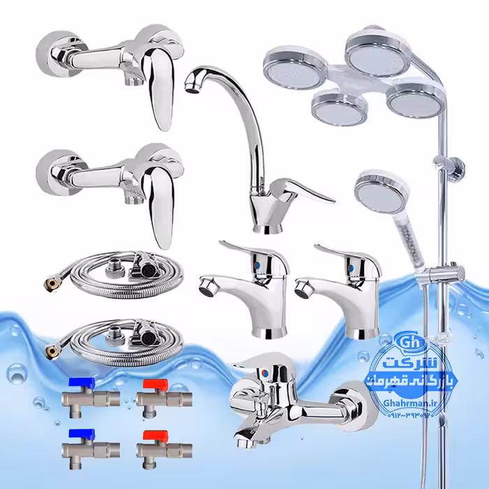 ست 13 عددی شیرآلات برند آیدا صنعت مدل قهرمان اردکی | شیر ظرفشویی   دو عدد شیر روشویی   شیر حمام   شیر توالت   علم دوش یونیورست مدل هلی شاتی   دو عدد شلنگ توالت   دو عدد شلنگ استیل   چهار عدد شیر پیسوار | کروم براق