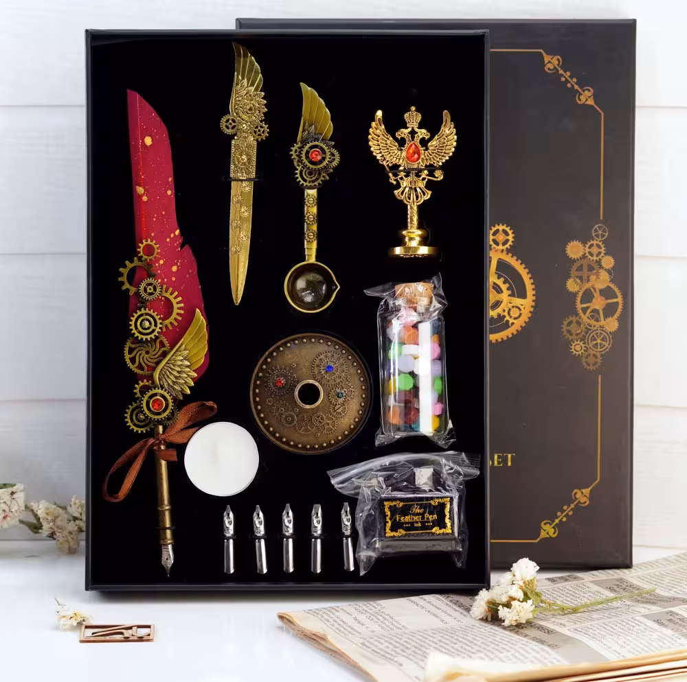ست کالیگرافی قلم پر چرخ استیم پانک Calligraphy set feather pen Steam punk