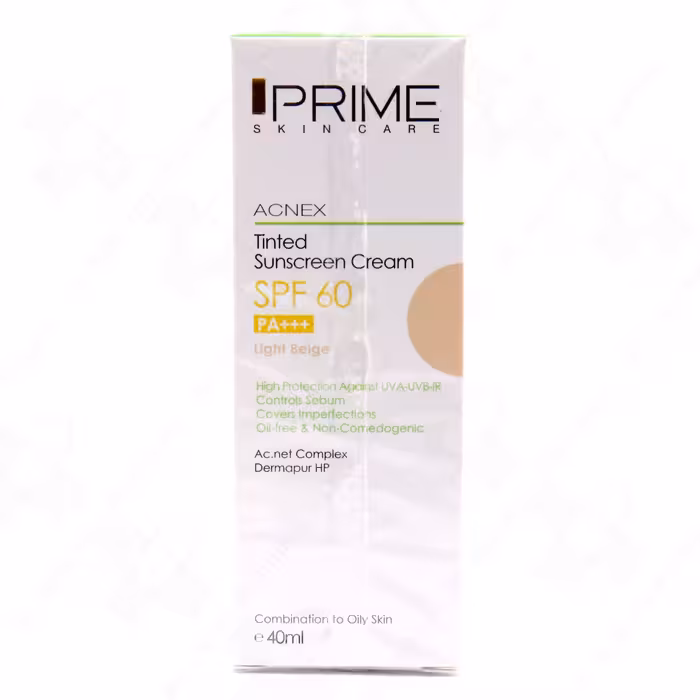 کرم ضد آفتاب رنگی بژ روشن فاقد چربی پریم SPF60 مناسب پوست های چرب و دارای جوش 40 میلی لیتر