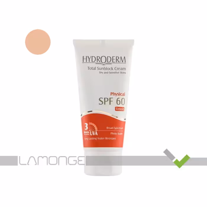 کرم ضد آفتاب هیدرودرم فيزيکال SPF60 رنگي مناسب پوست خشک و حساس حجم 50 میلی لیتر
