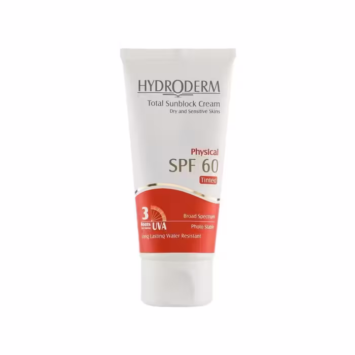 کرم ضد آفتاب SPF60 رنگی هیدرودرم مناسب پوست های خشک و حساس بژ روشن 50 میلی لیتر