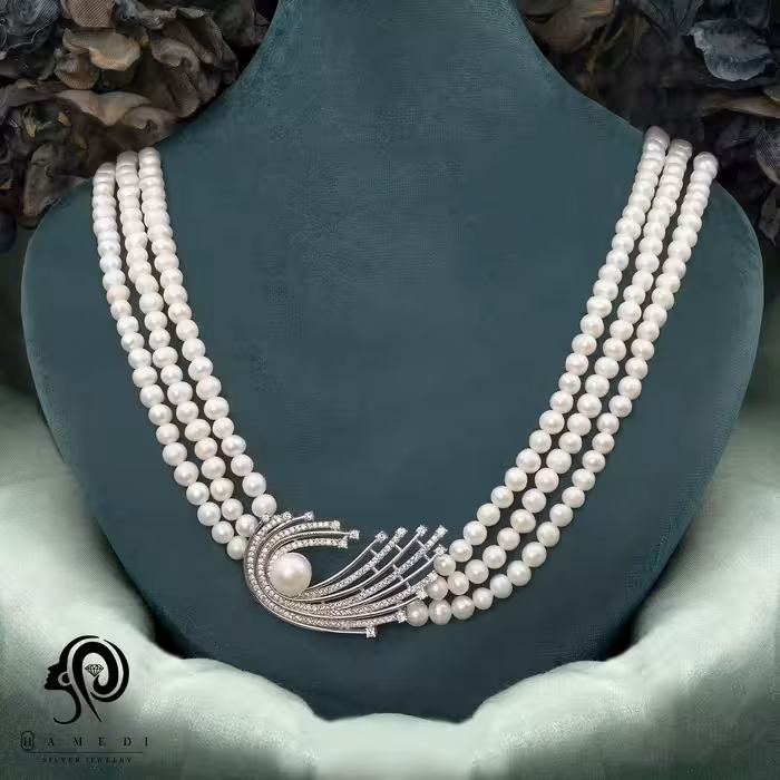 گردنبند مروارید نقره زنانه سه شطه ای مدل KEY 4