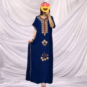 پیراهن نخی زنانه گلدوزی سوزن دوزی بلند قواره دار وارداتی پیراهن ماکسی