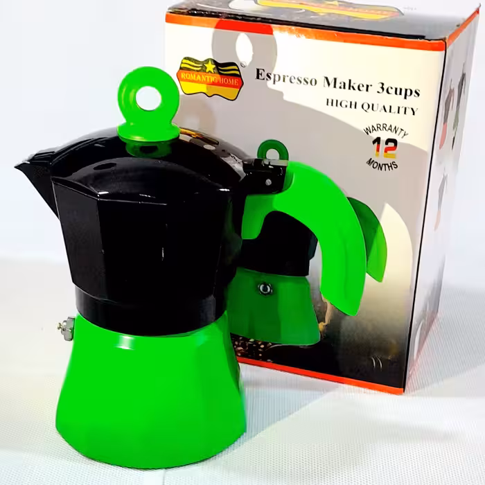 موکاپ وقهوه واسپروساز 3کاپ دستی وارداتی  طرح ایتالیایی رنگی باالیاژ درجه یک ومقاوم وکیفیت بسیارخوب بااتش مستقیم.