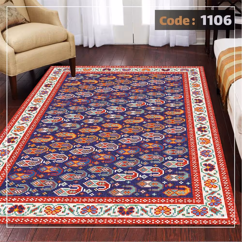 کاورفرش روفرشی دورکشدار گوشه لیفه ای لاکی ، آبی و متنوع کد 1106