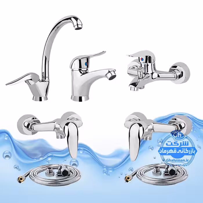 ست 7 عددی شیرآلات برند آیدا صنعت مدل قهرمان | ظرفشویی   روشویی   حمام   2 عدد توالت   2 عدد شلنگ توالت | کروم براق