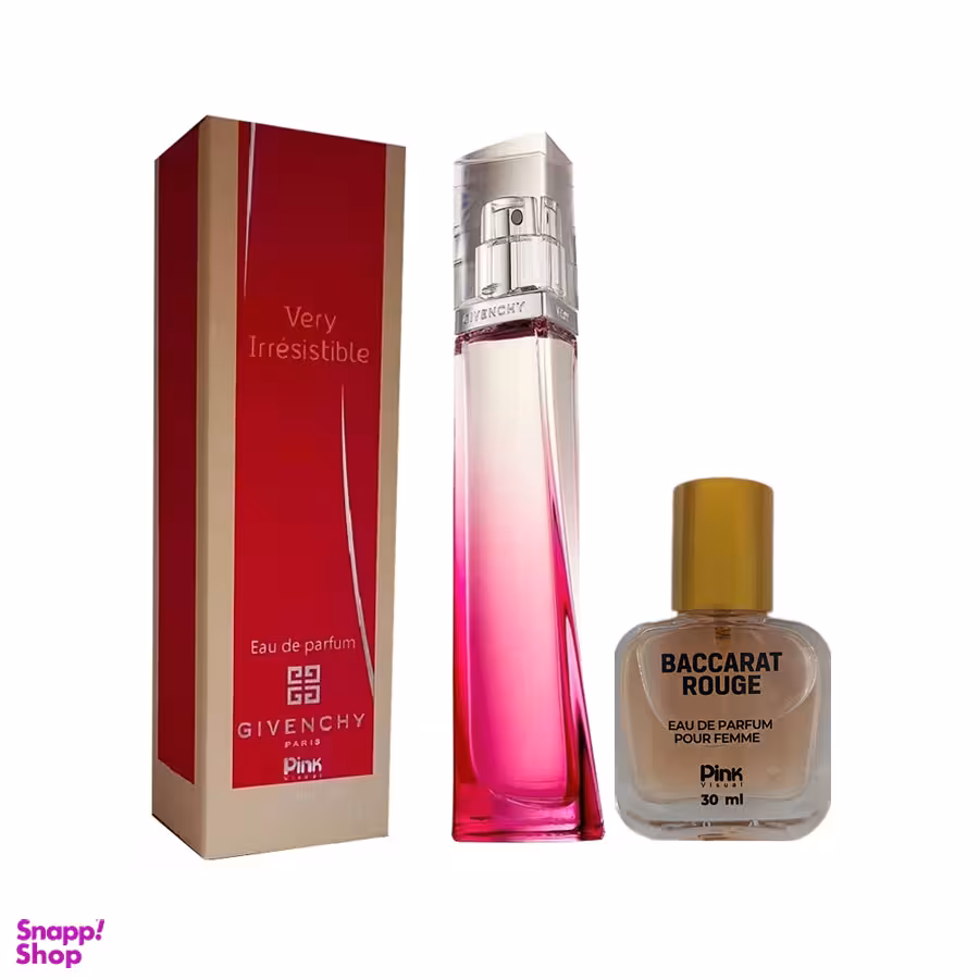 ادو پرفیوم زنانه پینک ویژوآل مدل Givenchy Very Irresistible به همراه عطر جیبی پینک ویژوآل مدل Baccarat Rouge