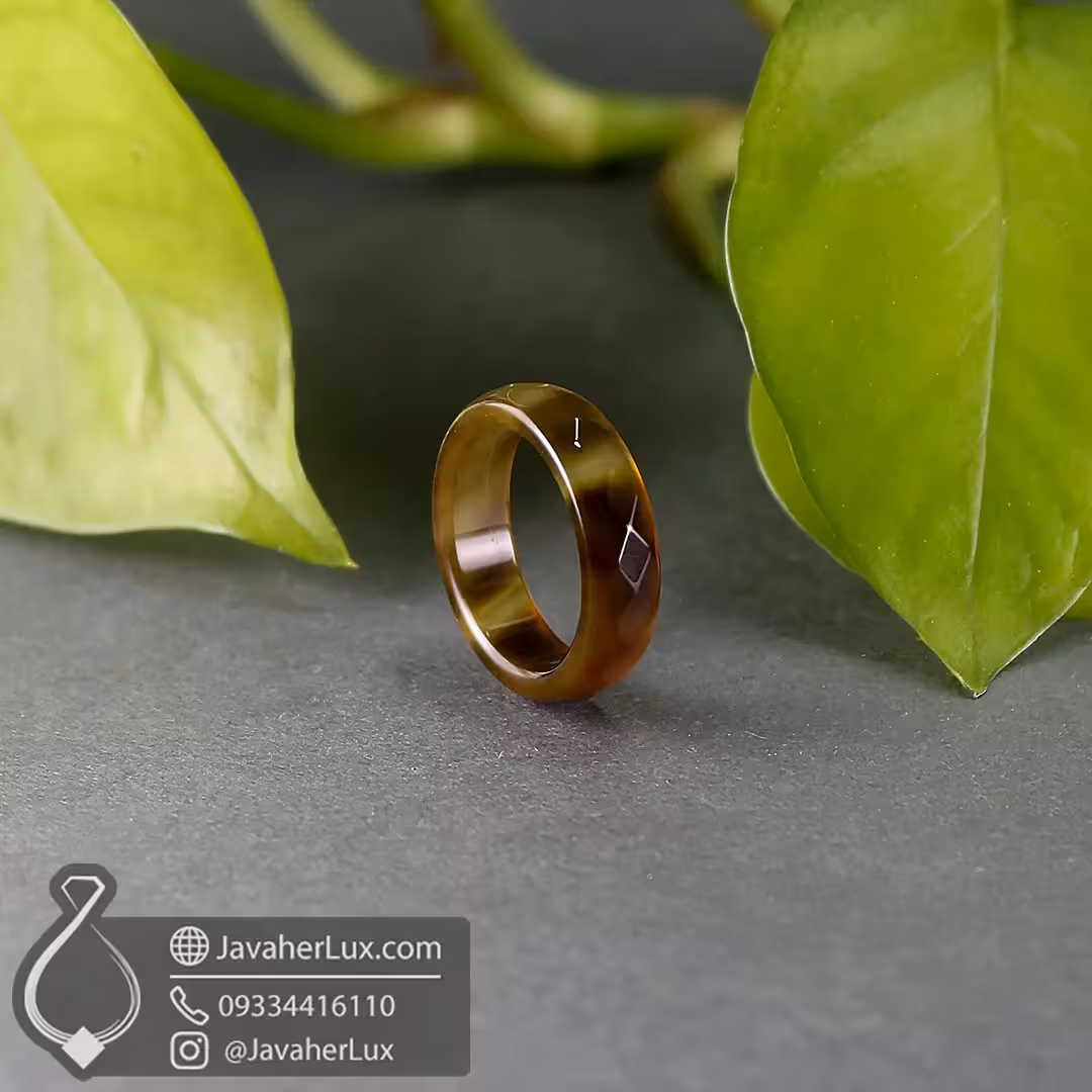 حلقه سنگی عقیق قهوه‌ای مدل بزمان _ کد 400922