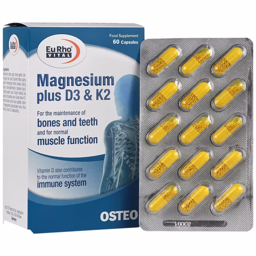 کپسول منیزیم پلاس D3 و K2 یوروویتال 60 عددی