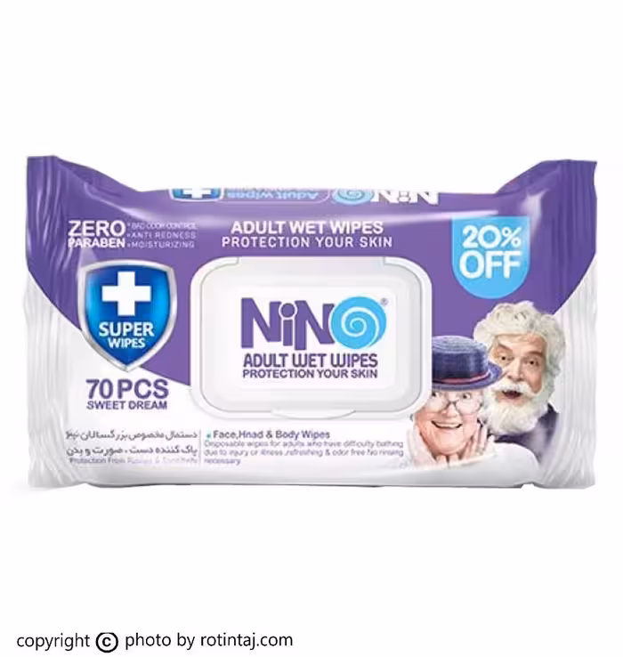 دستمال مرطوب دست و صورت بزرگسالان نینو 70 عددی درب دار