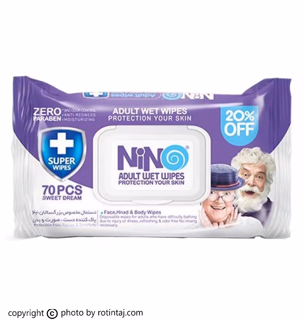 دستمال مرطوب دست و صورت بزرگسالان نینو 70 عددی درب دار