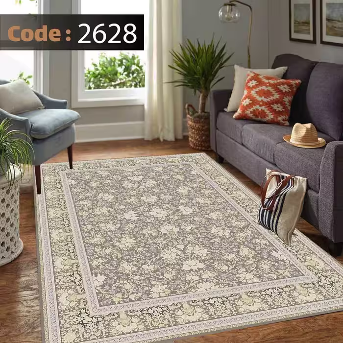 کاورفرش روفرشی دورکشدار گوشه لیفه ای کرم  قهوه ای کد 2628
