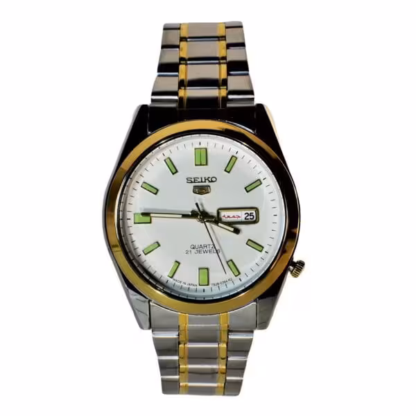 SEIKO 5 ساخت ژاپن سیکو دورنگ صفحه سفید ، درب استیل ، با طراحی تقویمی ایام خاص لاتین و فارسی