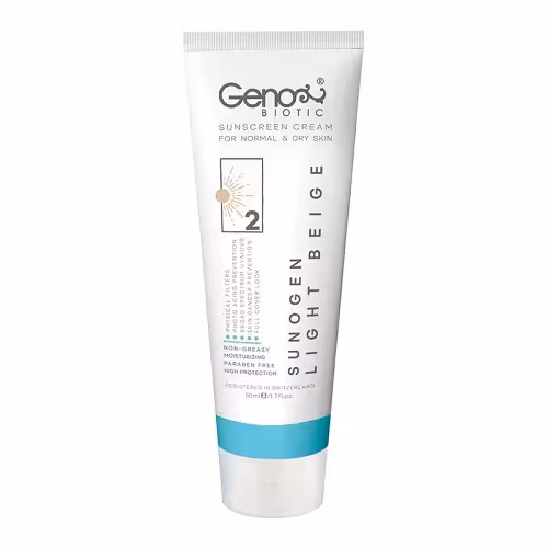 کرم ضد آفتاب ژنوبایوتیک پوست های خشک و معمولی SPF50 سانو ژن  ( بی رنگ )