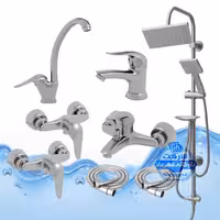 ست 8 عددی شیرآلات برند آیدا صنعت مدل قهرمان اردکی | شیر ظرفشویی   روشویی   حمام   دو عدد توالت   علم دوش یونیورست صفحه استیل رسوب‌گیر اتومات   دو شلنگ توالت | کروم مات