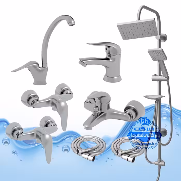 ست 8 عددی شیرآلات برند آیدا صنعت مدل قهرمان اردکی | شیر ظرفشویی   روشویی   حمام   دو عدد توالت   علم دوش یونیورست صفحه استیل رسوب‌گیر اتومات   دو شلنگ توالت | کروم مات