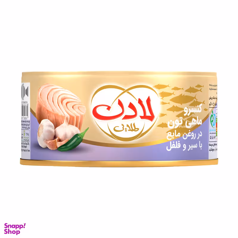 کنسرو ماهی تن در روغن مایع با سیر و فلفل لادن وزن 180 گرم