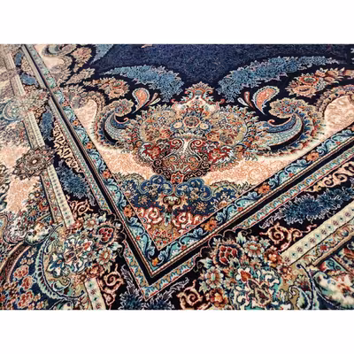 فرش ماشینی زمرد مشهد مدل گلایل زمینه سورمه ای