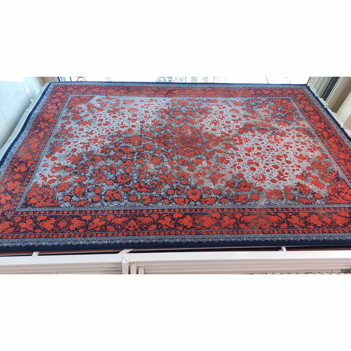 فرش ماشینی زمرد مشهد طرح وینتیج مدل افشان زمینه سورمه ای