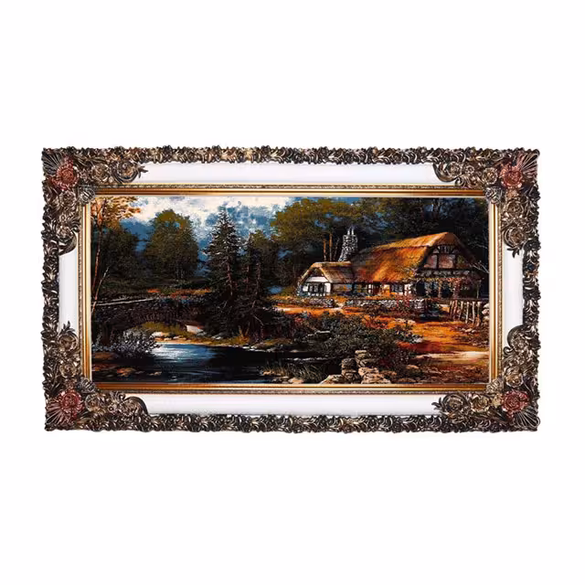 تابلو فرش ماشینی دنیای فرش طرح کلبه و برکه کد 732