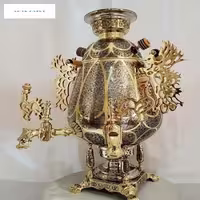 سماور 8 لیتری لوکس زغالی برنجی مدل جام، رنگ تلفیقی نقره طلایی و پایه ستوندار