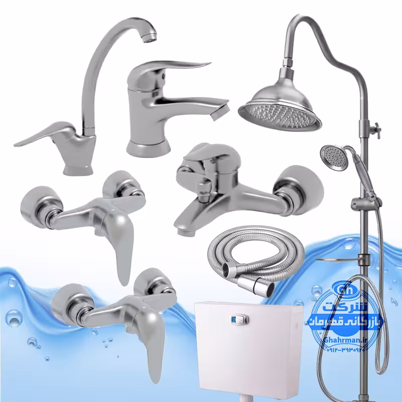 ست 8 عددی شیرآلات برند آیدا صنعت مدل قهرمان | شیر ظرفشویی   روشویی   حمام   2 عدد توالت   علم دوش شیپوری   شلنگ توالت   فلاش تانک | کروم مات