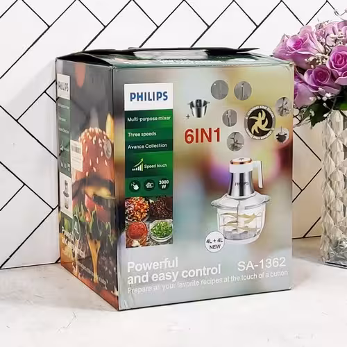 خردکن فیلیپس هلند (4لیتر)(دومخزن) مدل 1362(ضمانت اصالت کالا)(2مخزن پیرکس و استیل)(2عددتیغ طلایی6پره)موتورمسی قدرتمند3000وات