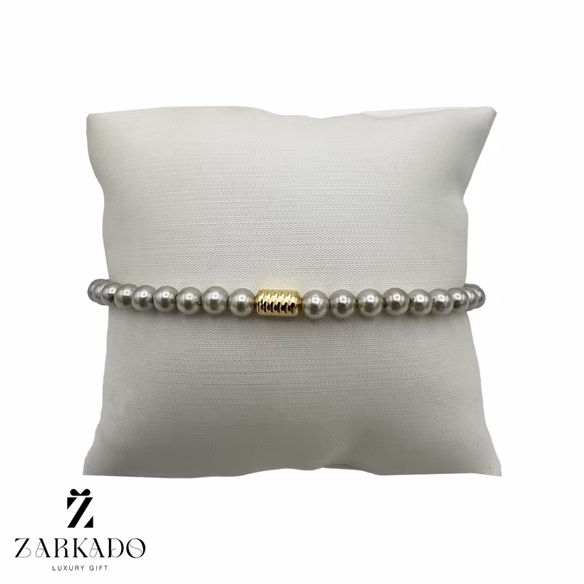 دستبند مرواریدی طوسی با گوی طلا کپسولی نقطه ای کد B3411