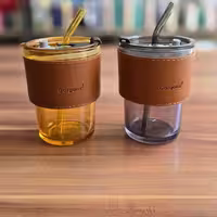 لیوان اسموتی شیشه ای دور چرم
