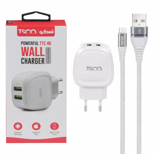 شارژر دیواری دو پورت تسکو TTC 46 همراه با کابل اندروید – سفید کد3042