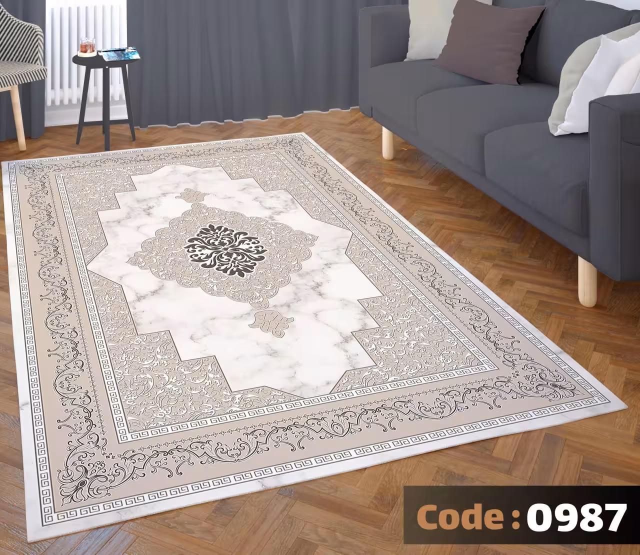 کاورفرش روفرشی دورکشدار گوشه لیفه ای کرم  قهوه ای کد 0987