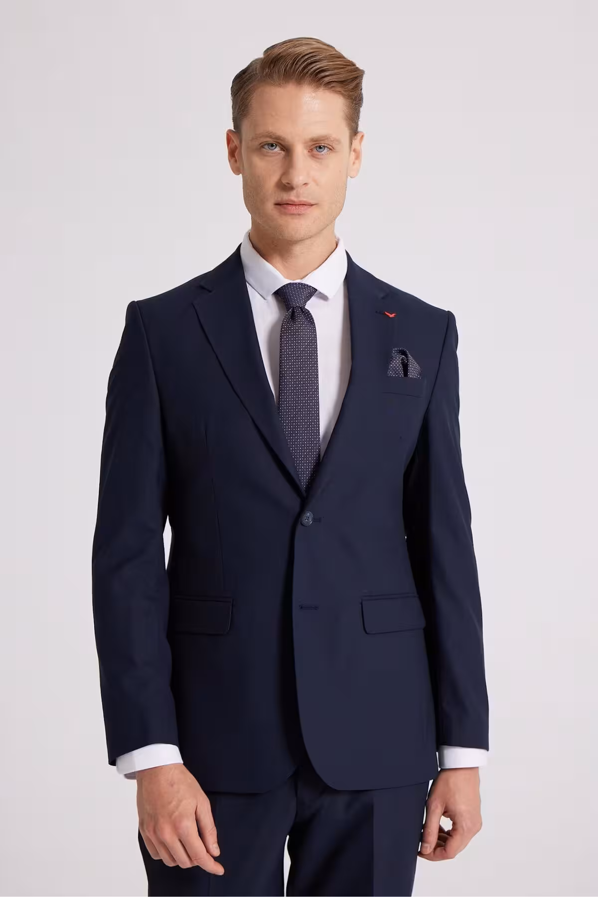 کت وشلوار مردانه DS GROOM SLIM FIT NAVY BLUE FLAT LYCRA انعطاف پذیر یقه قطبی دوگانه با لباس تیمی روکش D'S Damat