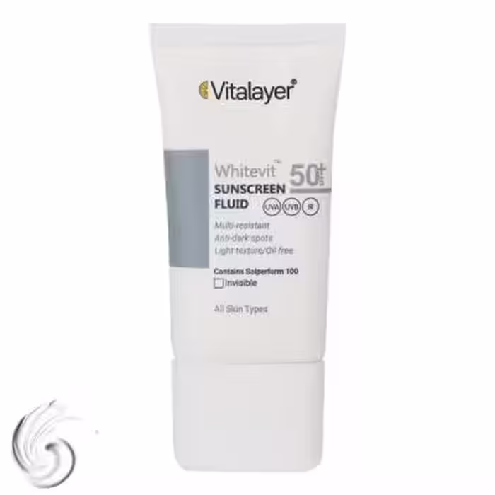 فلوئید ضد آفتاب بی‌رنگ ویتالیر SPF50 مدل Whitevit مناسب انواع پوست، حجم 50 میلی‌لیتر