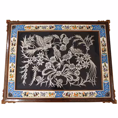 تابلو قلمزنی مسی طرح گل و مرغ مدل خاتم و نقاشی چوگان کد 92p72