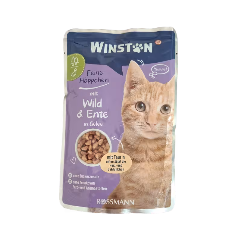 پوچ گربه بالغ با طعم اردک در ژله برند winston وینستون 100 گرمی