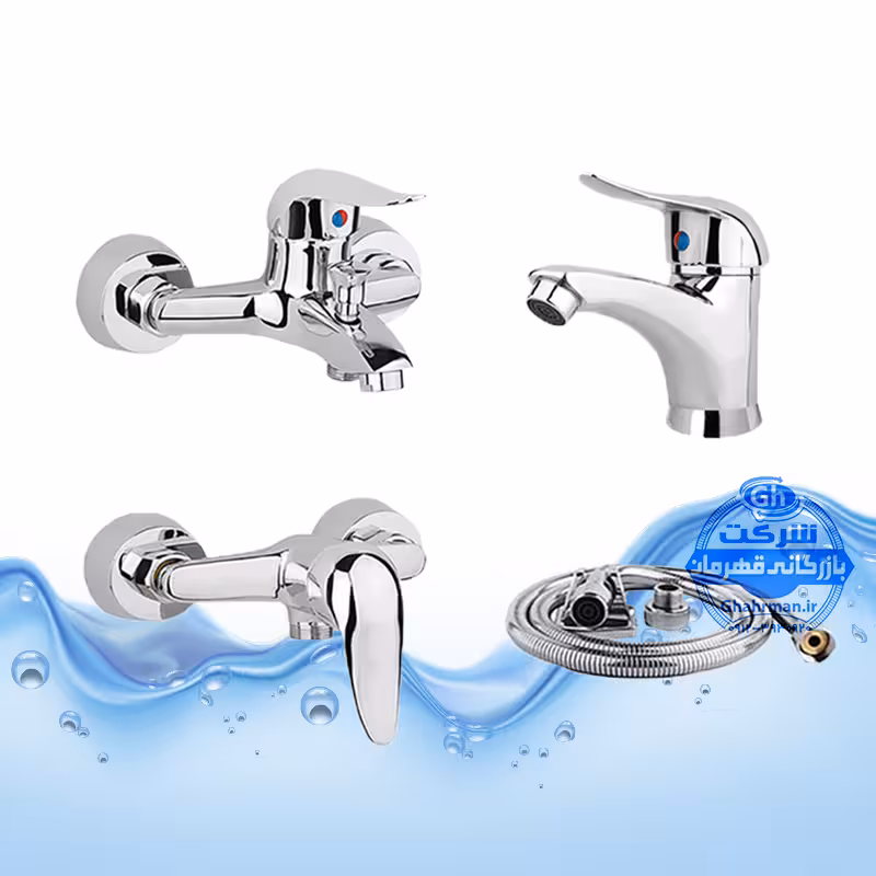ست 4 عددی شیرآلات مدل قهرمان شامل شیر روشویی، توالت، حمام و شلنگ توالت | کروم براق | شیرآلات برند آیدا صنعت