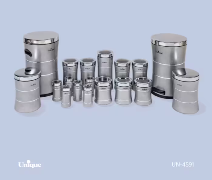 سرویس آشپزخانه یونیک UN  کد: 4591  18 پارچه  کمرباریک خطی  نقره ای استیل   جنس بدنه : فلز | الین دکور