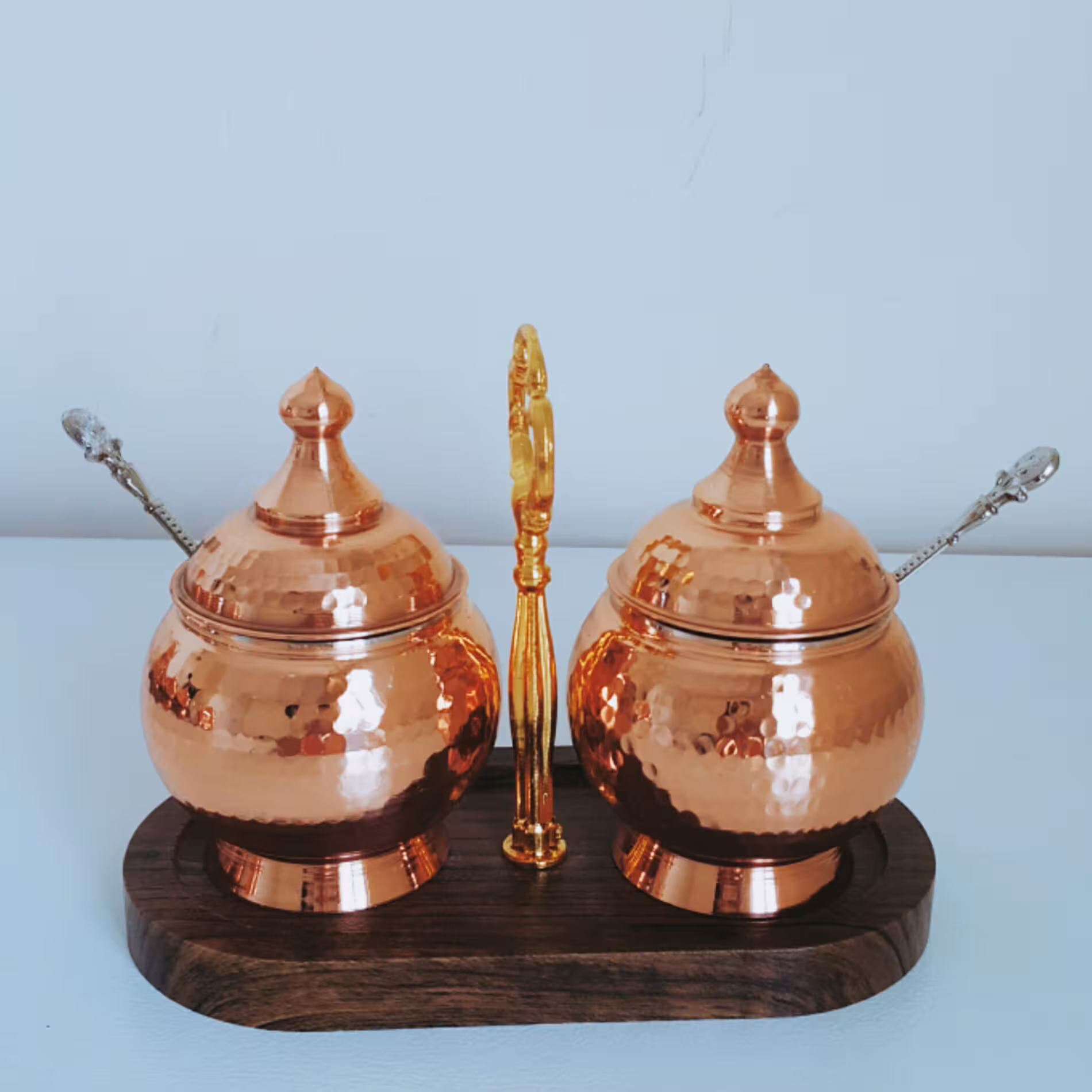 ست جا ادویه ای مسی  2 تایی  چکشی نانو شده با  استند چوبی   