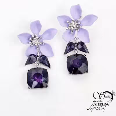 گوشواره گل بنفش با نگین جواهری کد 18393