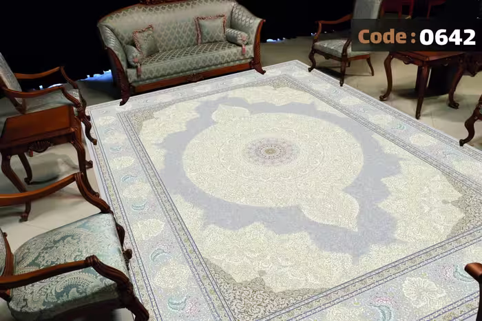 کاورفرش روفرشی دورکشدار گوشه لیفه ای طوسی کرم کد 0642