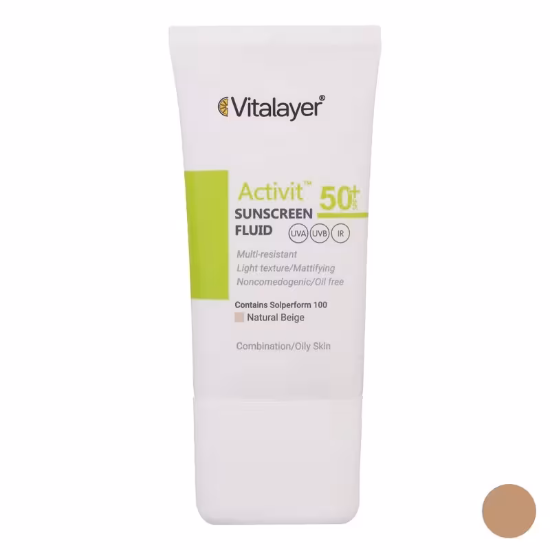 فلوئید ضدآفتاب رنگی ویتالیر SPF50 مدل Activit، مناسب پوست‌های چرب، حجم 50 میلی‌لیتر