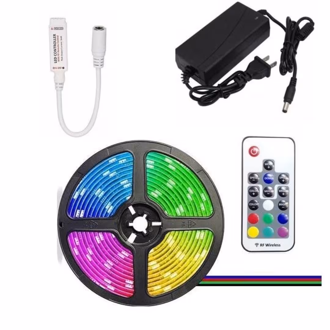 پک کامل ریسه نواری SMD مدل 5050 RGB(هفت رنگ) پشت چسب دار 5 متری(ریسه،آداپتور،ریموت)