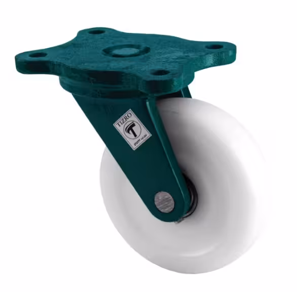 چرخ چدنی تفلون متحرک 16 (حمل بارهای بسیار سنگین در کارخانجات و انبارها-ماشینآلات صنعتی و خطوط تولید-دستگاههای پرسی، کورهها و تجهیزات دمای بالا-سطوح صاف و سخت مثل بتن و فلز)