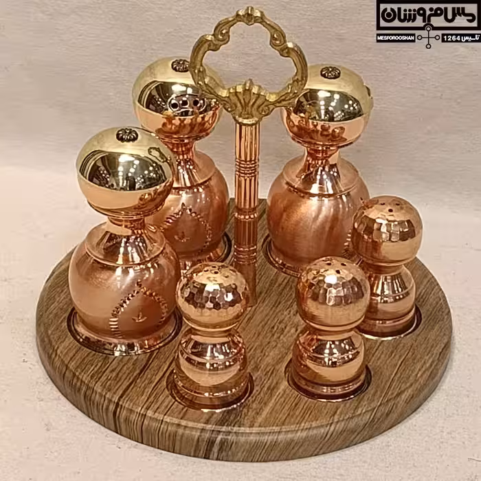 جا ادویه مسی طرحدار زنجان با رنگ ثابت | ست سماق پاش مسی و نمکدان مسی نانو | مدل سماق