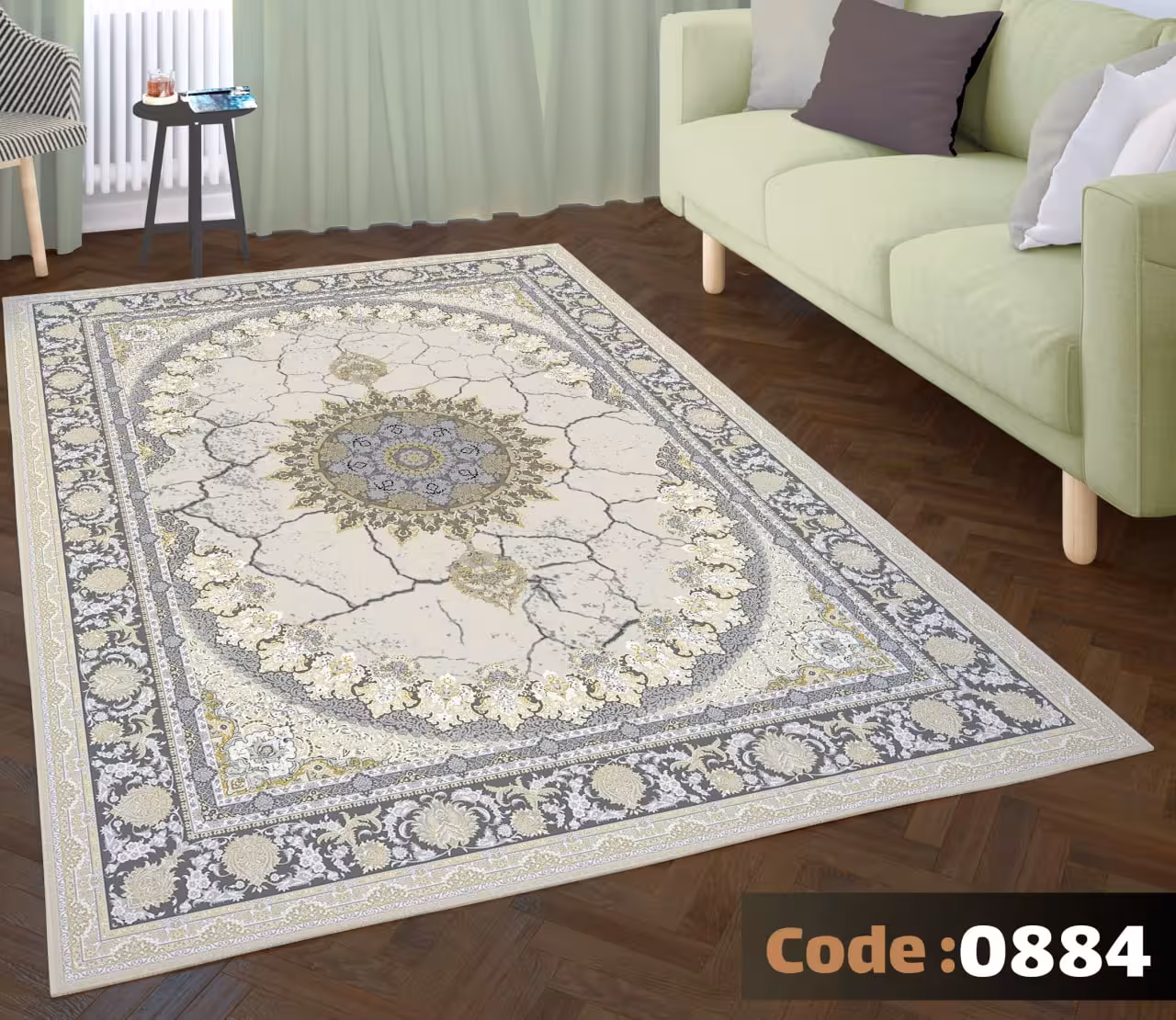 کاورفرش روفرشی دورکشدار گوشه لیفه ای طوسی کرم کد 0884